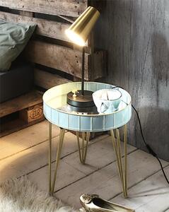 Simons Round Mirrored Side Table In Blue With Gold Metal Legs