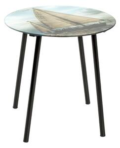 Nampa Round Glass Side Table In Sailing Ship Print