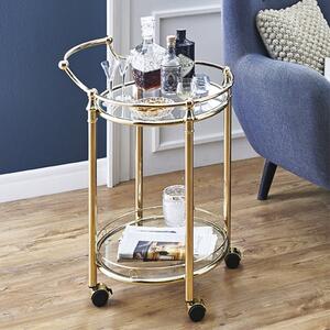 Merksem Round Clear Glass Shelves Serving Trolley In Brass