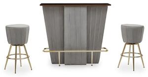 Schaumburg Wooden Bar Table With 2 Grey Velvet Stools