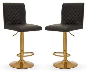 Baino Black Leather Bar Chairs With Round Gold Base In A Pair