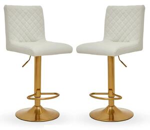 Baino White Leather Bar Chairs With Round Gold Base In A Pair