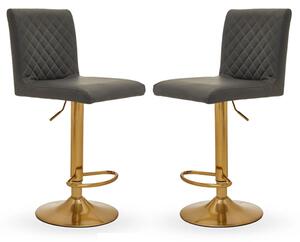 Baino Grey Leather Bar Chairs With Round Gold Base In A Pair