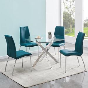 Daytona Round Clear Glass Dining Table With 4 Opal Teal Chairs