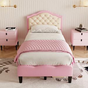 3FT Upholstered Single Bed Frame with Adjustable Button-Tufted Headboard, Wood Slat, Easy Assembly, 199.5L x 92.0W x 109.5H cm, Beige+Pink Aosom.UK