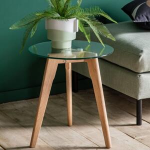 Brix Clear Glass Round Side Table In Natural Oak Base