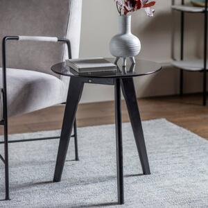 Brix Smoked Glass Round Side Table In Black Oak Base