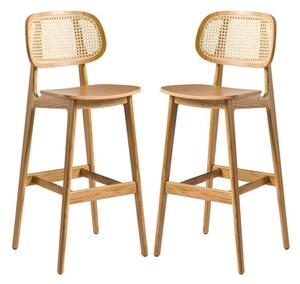 Romney Natural Rattan Natural Oak Wooden Bar Stools In Pair