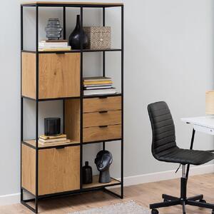 Seguin Wooden Bookcase Tall With 2 Doors 3 Drawers In Oak Black