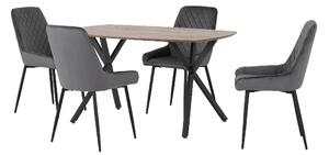 Alsip Oak Wooden Dining Table With 4 Grey Velvet Chairs