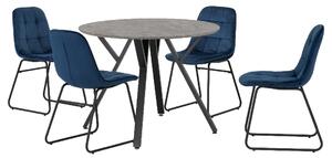 Alsip Round Concrete Dining Table With 4 Lyster Blue Chairs
