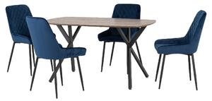 Alsip Oak Wooden Dining Table With 4 Blue Velvet Chairs