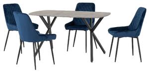 Alsip Concrete Effect Dining Table With 4 Blue Velvet Chairs