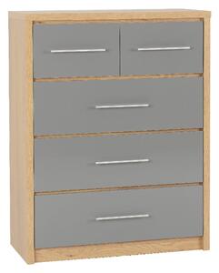 Samaira Wooden Chest Of 5 Drawers With Grey Gloss Front In Oak