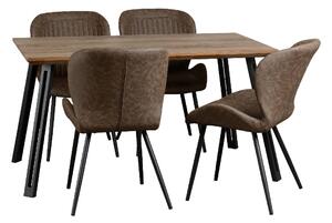 Qinson Oak Wooden Dining Table With 4 Brown Leather Chairs