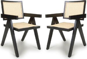 Derby Oak And Black Rattan Wooden Dining Chairs In Pair