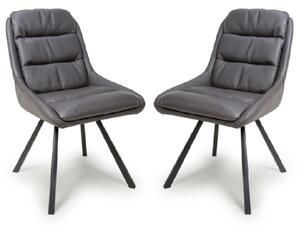 Addis Dark Grey Leather Dining Chairs With Black Legs In Pair