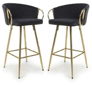 Visalia Black Velvet Bar Stools With Gold Legs In Pair