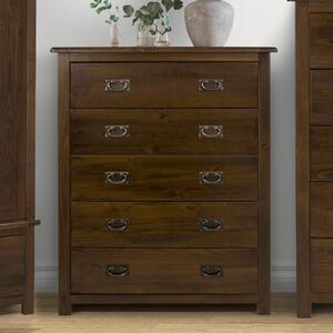 Birtley Wooden Wide Chest Of 5 Drawers In Dark Brown