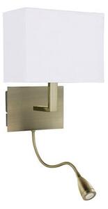 Dual Arm Antique Brass Wall Lamp With Oblong Fabric Shade