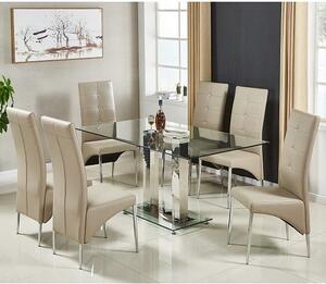 Jet Large Glass Dining Table In Clear And 6 Vesta Taupe Chairs