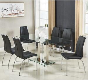 Jet Large Glass Dining Table In Clear And 6 Opal Black Chairs