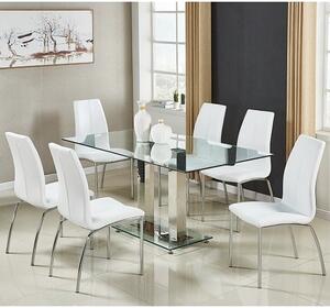 Jet Large Glass Dining Table In Clear And 6 Opal White Chairs