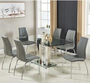 Jet Large Glass Dining Table In Clear And 6 Opal Grey Chairs