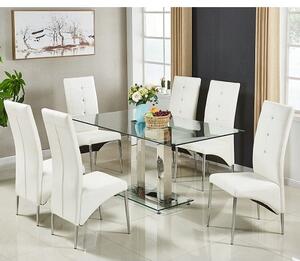 Jet Large Clear Glass Dining Table With 6 Vesta White Chairs