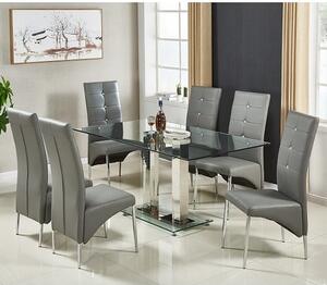 Jet Large Clear Glass Dining Table With 6 Vesta Grey Chairs