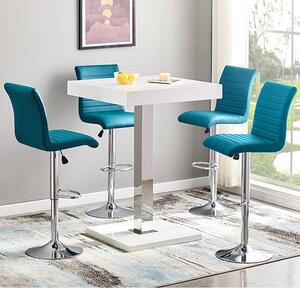 Topaz White High Gloss Bar Table With 4 Ripple Teal Stools