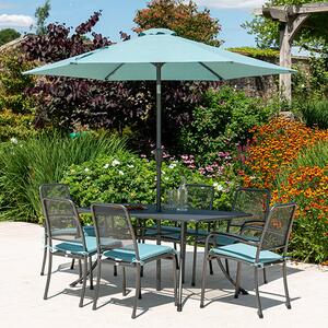 Prats Outdoor Dining Table With 6 Chairs And Parasol In Jade