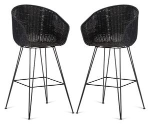 Puqi Black Rattan High Back Bar Stools In Pair