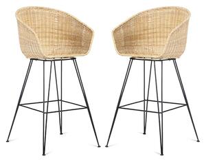 Puqi Natural Rattan High Back Bar Stools In Pair