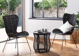 Rybnik Rattan Bistro Set In Black With 2 Puqi Black Wing Chairs