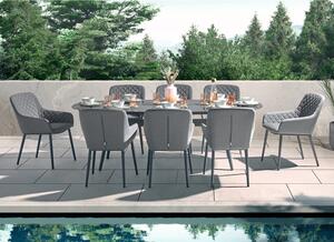 Arica Outdoor Oval Wooden Dining Table With 8 Grey Armchairs