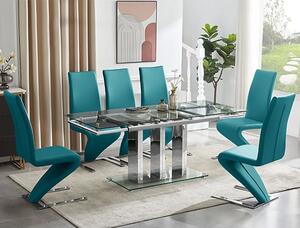 Rihanna Extending Clear Glass Dining Table 6 Demi Teal Chairs