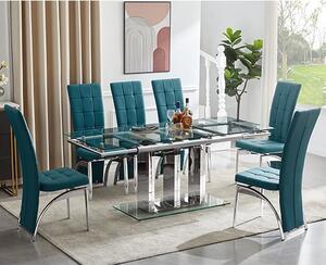 Rihanna Extending Clear Glass Dining Table 6 Ravenna Teal Chairs