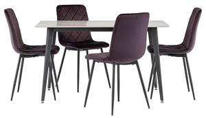 Inbar 130cm Grey Marble Dining Table 4 Basia Aubergine Chairs