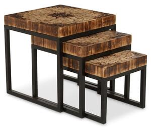 Malign Natural Wooden Nest Of 3 Tables With Black Metal Frame