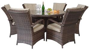 Fetsa Round 135cm Dining Table With 6 Armchairs In Brown Weave