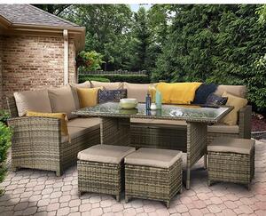 Caxias Corner Lounge Dining Sofa Set In Brown And Natural Weave