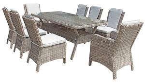 Abobo 200cm Glass Dining Table With 8 Armless Chairs In Grey