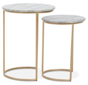 Mania Round White Marble Top Nest Of 2 Tables With Gold Frame