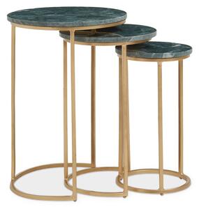 Mania Round Green Marble Top Nest Of 3 Tables With Gold Frame