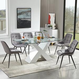 Zanti Glass Dining Table With White Base 6 Pekato Grey Chairs