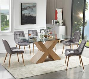 Zanti Glass Dining Table With Oak Base 6 Primo Grey Chairs