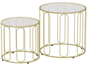 HOMCOM Round Coffee Table Set of 2, Glass Nest of Tables with Metal Frame and Tempered Glass Tabletop, Modern Side Tables for Living Room, Gold Tone