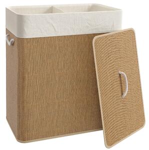 HOMCOM Double Laundry Basket with Lid, 100L Bamboo Laundry Hamper with Rope Handles, Washing Basket with Removable Liner for Bathroom, Bedroom, Brown