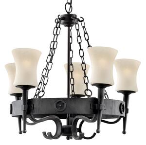 Cartwheel Black Iron 5 Lights Pendant Light With Sanded Glass